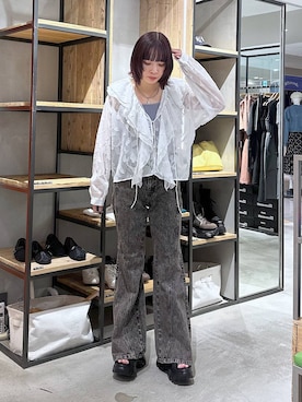 「PAGEBOY（ページボーイ）のスリムレッグフレアデニム【4color/4size】（デニムパンツ、ブラック系）」を使った、まいてぃさん（レディース・158cm）の夏コーディネート