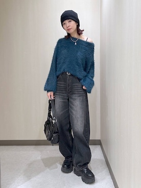 「PBLIM（ページボーイリム）の《UNISEX》スラブブリーチデニム（デニムパンツ）」を使った、まいてぃさん（レディース・158cm）の秋コーディネート