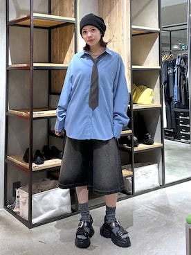 「PBLIM（ページボーイリム）の《UNISEX》ワイドハーフパンツ　レオパード/リアルツリー（デニムパンツ、ブラック系）」を使った、まいてぃさん（レディース・158cm）の春コーディネート