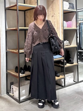 「PAGEBOY（ページボーイ）のスカシリーフニットボレロ 【一部カラーWEB限定】（カーディガン/ボレロ、ブラウン系）」を使った、まいてぃさん（レディース・158cm）の春コーディネート