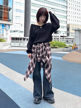 「PAGEBOY（ページボーイ）の【選べる着丈/前後2WAY/マシンウォッシャブル】マルチWAYネックプルオーバー/ニット（ニット/セーター）」を使った、まいてぃさん（レディース・158cm）の秋コーディネート