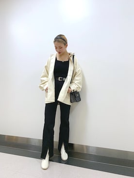 「スリットパンツ」｜「アイテム（ブルゾン）」を使った、まいてぃさん（レディース・157cm）の秋コーディネート