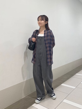 「アイテム（サロペット/オーバーオール、グレー系）」を使った、rikoさん（レディース・154cm）の夏コーディネート