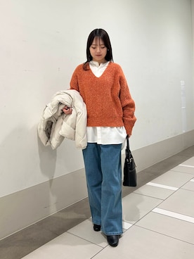 「冬の差し色コーデ」｜「アイテム（ダウンジャケット/コート）」を使った、rikoさん（レディース・154cm）の冬コーディネート