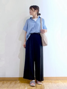 「SHOO・LA・RUE（シューラルー）の【2点セット/S-LL/洗濯機可】時短でコーデ決まる スラブスキッパーシャツ＋タンクトップ（その他トップス、ブルー系）」を使った、かのさん（レディース・157cm）の夏コーディネート