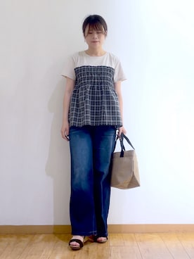 「SHOO・LA・RUE（シューラルー）の【S-LL/洗濯機可/体型カバー】インせずサマ見え ビスチェ風異素材ドッキングTシャツ（Tシャツ/カットソー、ブラック系）」を使った、かのさん（レディース・157cm）の夏コーディネート
