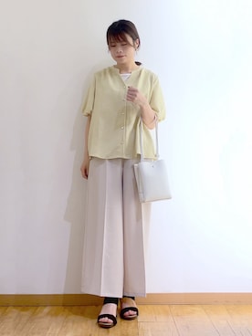 「SHOO・LA・RUE（シューラルー）の【S-LL/洗濯機可】バルーンスリーブ　キーネックブラウス（シャツ/ブラウス、イエロー系）」を使った、かのさん（レディース・157cm）の夏コーディネート