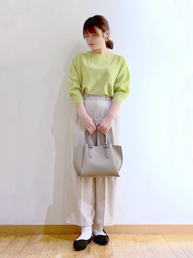 「SHOO・LA・RUE（シューラルー）の【洗濯機可/S-LL】さらりと軽やか インせず着られる すっきり見えドルマンニット（ニット/セーター、グリーン系）」を使った、かのさん（レディース・157cm）の春コーディネート