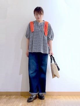 「SHOO・LA・RUE（シューラルー）の【ひんやり/洗濯機可/S-LL】オンにもオフにも マルチに使えるボタンレスカーディガン（カーディガン/ボレロ、オレンジ系）」を使った、かのさん（レディース・157cm）の春コーディネート