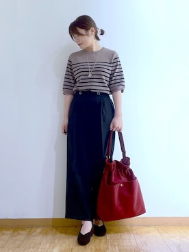 「SHOO・LA・RUE（シューラルー）の【ガンガン洗える/ひんやり/UV/毛玉になりにくい】上半身すっきり 二の腕見せない5分袖ニット（ニット/セーター、ブラウン系）」を使った、かのさん（レディース・157cm）の夏コーディネート