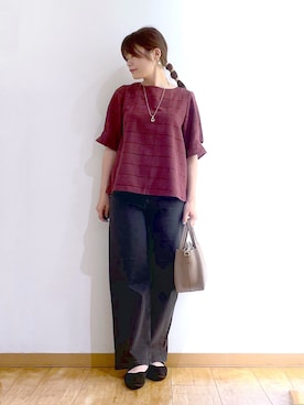 「SHOO・LA・RUE（シューラルー）の【セットアップ可/S-LL】夏でも感じられる秋気分 モールチェックタックスリーブ ブラウス（シャツ/ブラウス、レッド系）」を使った、かのさん（レディース・157cm）の夏コーディネート