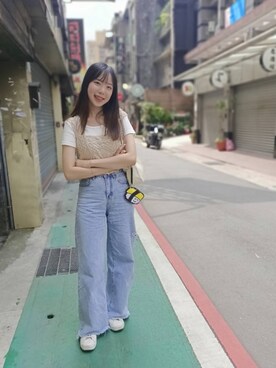 「小老闆のアイテム（Tシャツ/カットソー、ホワイト系）」を使った、yenさん（レディース・156cm）の夏コーディネート