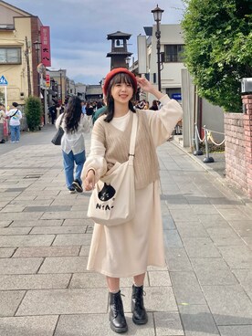 「50%のアイテム（ニット/セーター、ベージュ系）」を使った、yenさん（レディース・156cm）の秋コーディネート