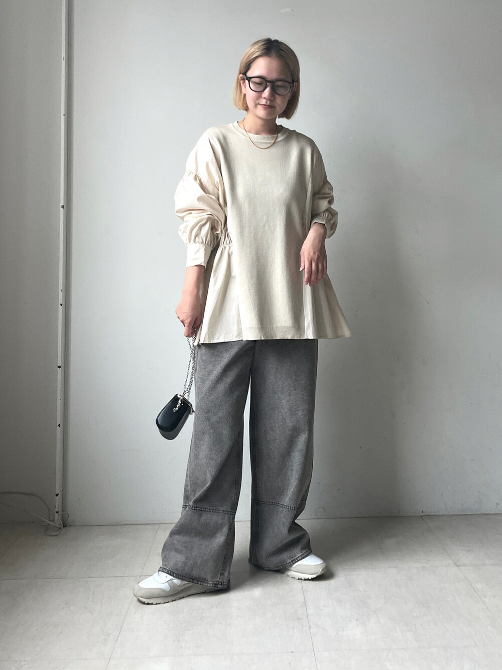 「Bou Jeloudのニット布帛ドッキングプルオーバー（Tシャツ/カットソー、ベージュ系）」を使った、TSUKIさん（レディース・153cm）の秋コーディネートの1枚目の写真