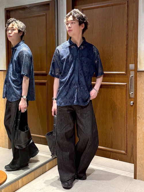 ヴィンテージ 総柄 ブラック モノトーン シースルー デザイン レトロ シャツ 総柄シャツ L 日本製 ビスコース100% モノトーン アート柄 90sモード