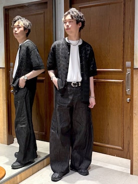 「RAGEBLUE（レイジブルー）の【LUXURY+EASY】DRAPE CREW NECK DESIGN STITCH T-SHIRT/ラグイージーワンポイント刺繍Tシャツ（Tシャツ/カットソー、ホワイト系）」を使った、manamu さん（メンズ・186cm）の春コーディネート