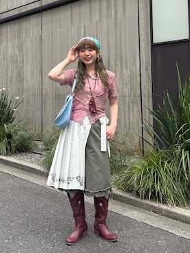「CIAOPANIC（チャオパニック）のハートボタンレース切替ポロシャツ（シャツ/ブラウス、ピンク系）」を使った、こめちゃんさん（レディース・160cm）の夏コーディネート