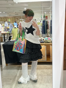 「CIAOPANIC（チャオパニック）のスターパッチワークTee（Tシャツ/カットソー、ホワイト系）」を使った、こめちゃんさん（レディース・160cm）の夏コーディネート
