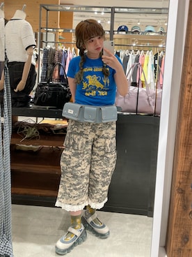 「CIAOPANIC（チャオパニック）のアソート柄コンパクトカラーTee（Tシャツ/カットソー、ブルー系）」を使った、こめちゃんさん（レディース・160cm）の夏コーディネート