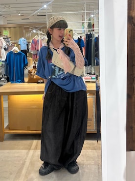 「CIAOPANIC（チャオパニック）の【cian denim/シアンデニム】切替スーパーワイドバルーンデニムパンツ（デニムパンツ、グレー系）」を使った、こめちゃんさん（レディース・160cm）の夏コーディネート