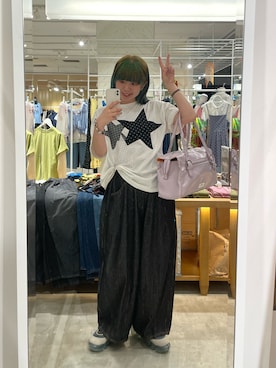 「CIAOPANIC（チャオパニック）のスターパッチワークTee（Tシャツ/カットソー、ホワイト系）」を使った、こめちゃんさん（レディース・160cm）の夏コーディネート