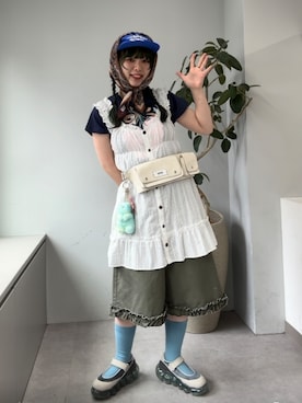「CIAOPANIC（チャオパニック）のウッドボタンドビーシャーリングキャミチュニックワンピース（チュニック、ホワイト系）」を使った、こめちゃんさん（レディース・160cm）の夏コーディネート