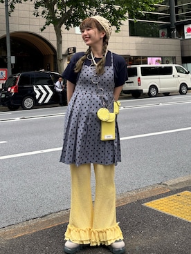 「CIAOPANIC（チャオパニック）の裾フリルアソートイージーパンツ（その他パンツ、イエロー系）」を使った、こめちゃんさん（レディース・160cm）の夏コーディネート