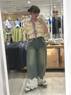「HELLO.SANFRANCISCO（ハローサンフランシスコ）の【HELLO.SANFRANCISCO/ハローサンフランシスコ】2WAYフリルメロウボレロ（Tシャツ/カットソー、ブルー系）」を使った、こめちゃんさん（レディース・160cm）の夏コーディネート