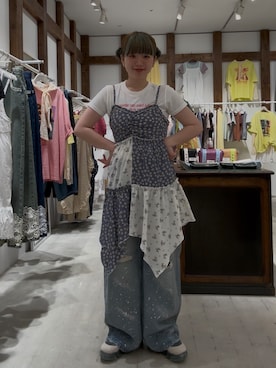 「CIAOPANIC（チャオパニック）のアソート柄コンパクトカラーTee（Tシャツ/カットソー、ホワイト系）」を使った、こめちゃんさん（レディース・160cm）の夏コーディネート