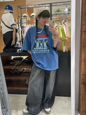 「CIAOPANIC（チャオパニック）のピグメントバンドTEE（Tシャツ/カットソー、ブルー系）」を使った、こめちゃんさん（レディース・160cm）の夏コーディネート