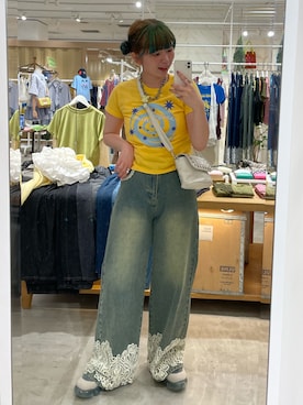 「CIAOPANIC（チャオパニック）のアソート柄コンパクトカラーTee（Tシャツ/カットソー、イエロー系）」を使った、こめちゃんさん（レディース・160cm）の夏コーディネート