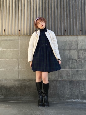 「チェックワンピース」｜「アイテム（ブルゾン）」を使った、りかさん（レディース・157cm）の冬コーディネート
