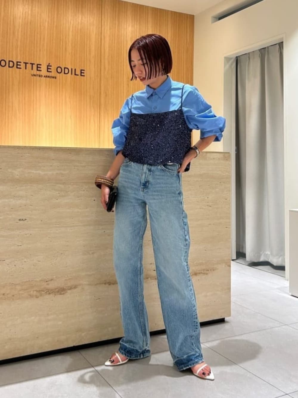「Sandals styling、モード、サンダル、Odette e Odile」｜「ODETTE E ODILEのポインテッドライン サンダル45↓↑（サンダル、ホワイト系）」を使った、森田　オデット エ オディール スタッフさん（レディース・154cm）の夏コーディネートの1枚目の写真