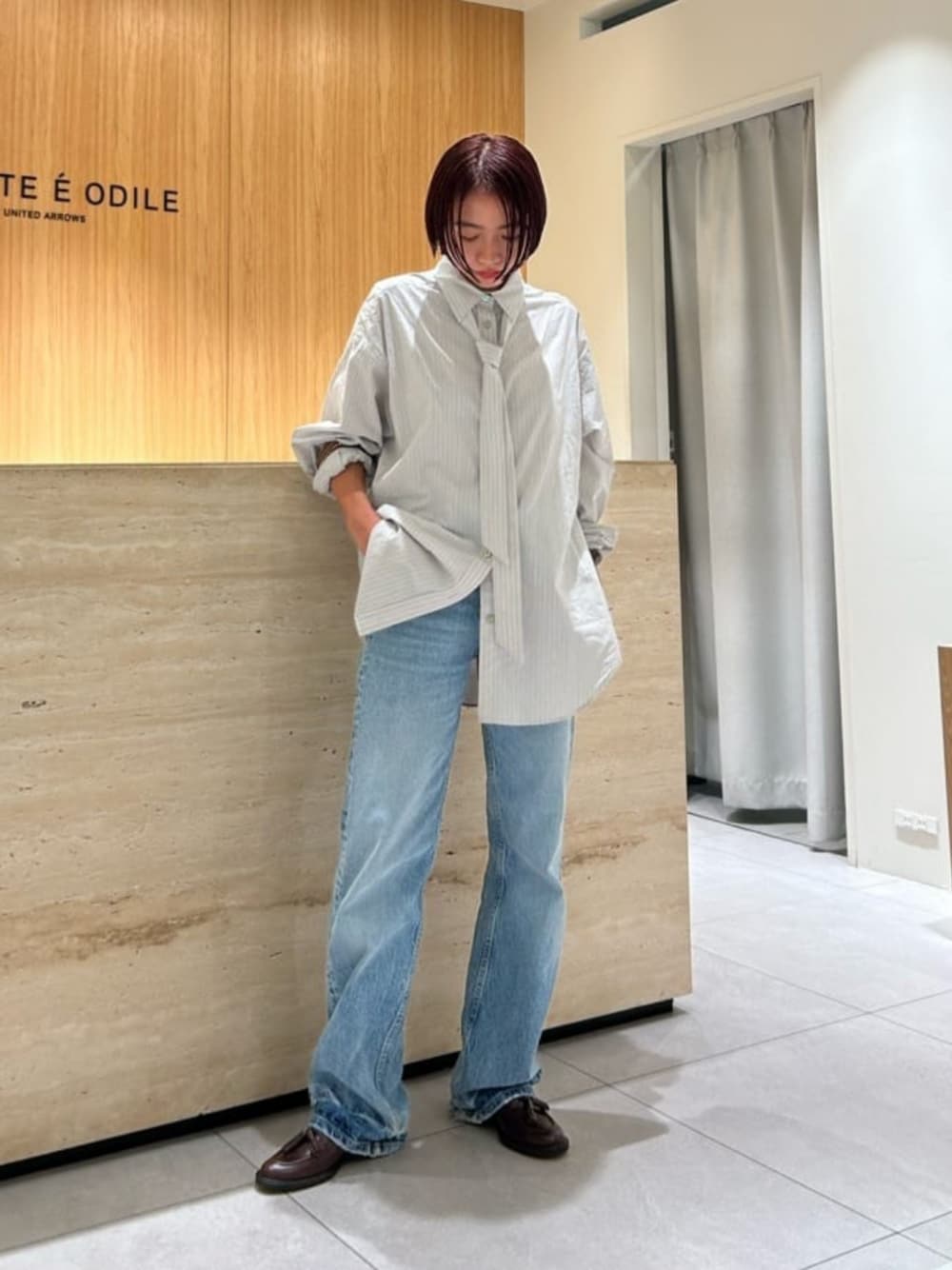 「ベーシック/トラッド、Flat shoes styling、ローファー、ODETTE E ODILE」｜「ODETTE E ODILEのSLタッセルローファー フラット30↓↑（ローファー、ブラウン系）」を使った、森田　オデット エ オディール スタッフさん（レディース・154cm）の秋コーディネートの1枚目の写真