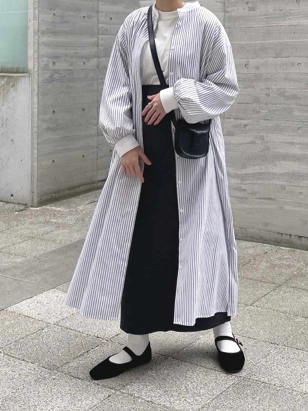 「ストライプシャツ、春色、春コーデ、カンフーシューズ、ポシェット、春、ちょこび、低身長、ストライプ、GUコーデ、GU、低身長女子、お出かけコーデ、マタニティ、マタニティコーデ」｜「U.S. POLO ASSN.の∴WEGO/U.S.POLO ASSN.別注だぼそでカラーロンT（Tシャツ/カットソー、ホワイト系）」を使った、ちょこびさん（骨格ウェーブ・レディース・154cm）の春コーディネートの1枚目の写真