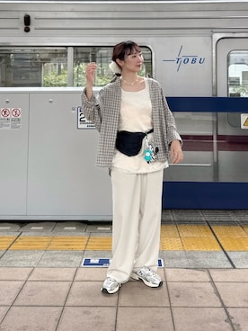 「GU（ジーユー）のアイテム（シャツ/ブラウス、グレー系）」を使った、ちょこびさん（レディース・154cm）の夏コーディネート
