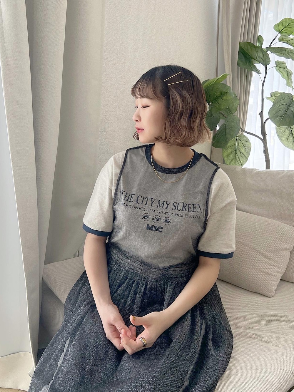 「チュール、リンガーTシャツ、夏服、休日スタイル、低身長コーデ、Tシャツ、ボブ、半袖、楽チンコーデ、産後、ママコーデ、ちょこび、今日のコーデ」｜「ChillfarのリンガーロゴTシャツ（Tシャツ/カットソー、ベージュ系）」を使った、ちょこびさん（骨格ウェーブ・レディース・154cm）の夏コーディネートの1枚目の写真
