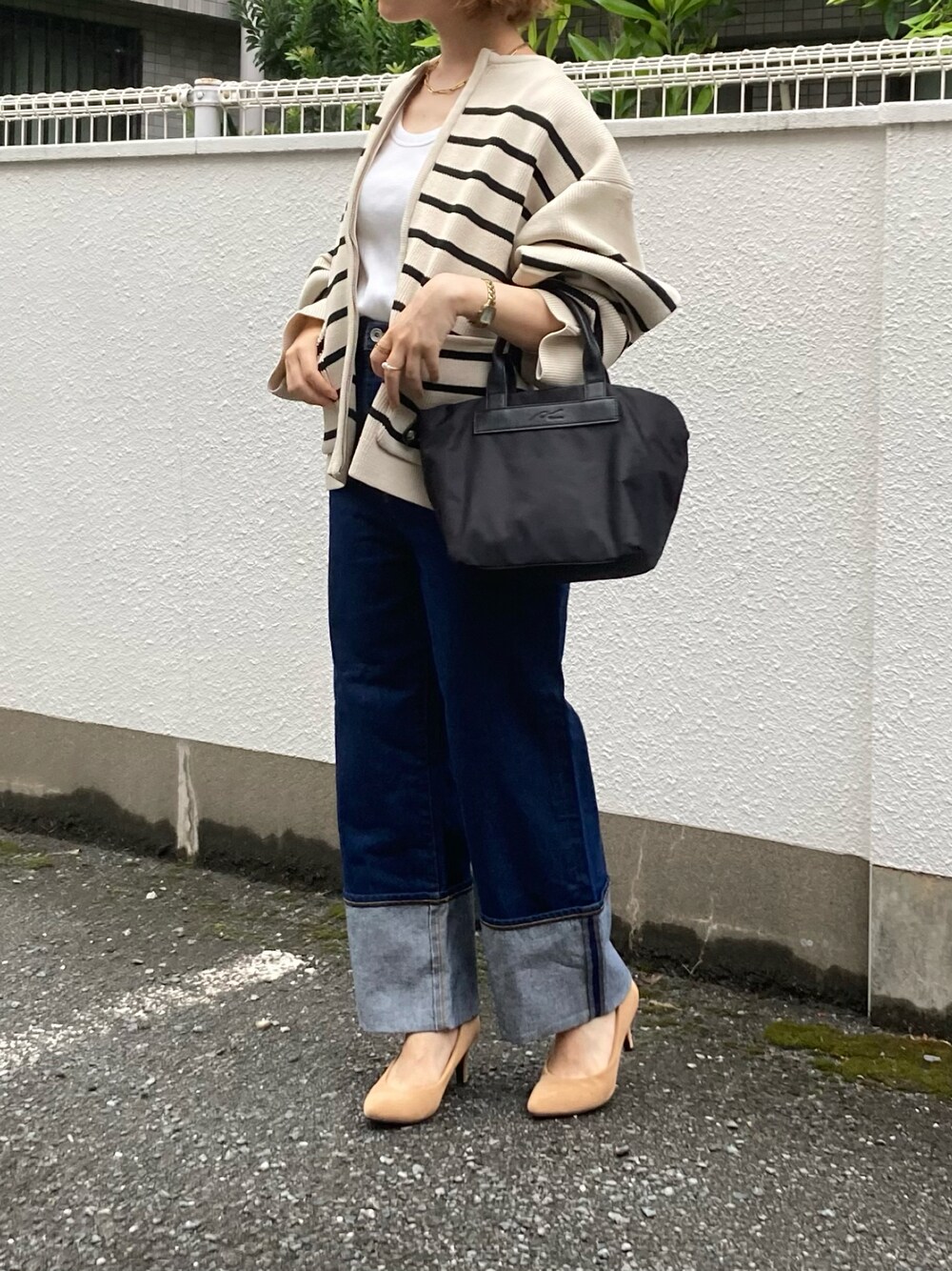 「秋先取りコーデ、秋冬コーデ、ラクチンコーデ、お洒落さんとつながりたい、大人カジュアル、低身長、PR、骨格ウェーブ、ボーダー、ニットジャケット、デニム、休日スタイル、いいね、save、フォローお願いします🤑、秋服準備はじめました」｜「ANGIEの【2023AW】ランタンスリーブニットブルゾン（カーディガン/ボレロ、ホワイト系）」を使った、yumaさん（レディース・153cm）の秋コーディネートの1枚目の写真