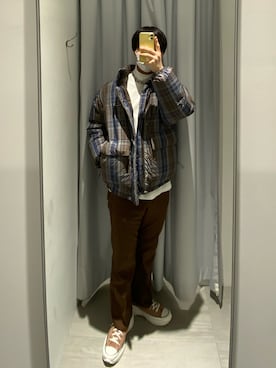「韓国好きな人と繋がりたい」｜「アイテム（ダウンジャケット/コート）」を使った、りおさん（メンズ・177cm）の冬コーディネート