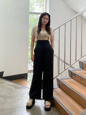 「EMODA（エモダ）のタンクラバーサンダル（サンダル）」を使った、久道理沙さん（レディース・160cm）の夏コーディネート