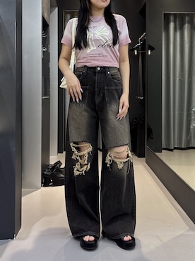 「EMODA（エモダ）のアクセレイヤーサンダル（サンダル、ブラック系）」を使った、久道理沙さん（レディース・160cm）の夏コーディネート