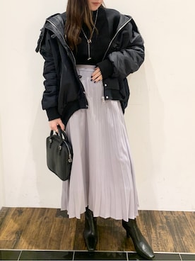 「EMODA（エモダ）のフェイクファードッキングワイドカラーブルゾン（ブルゾン）」を使った、久道理沙さん（レディース・160cm）の冬コーディネート