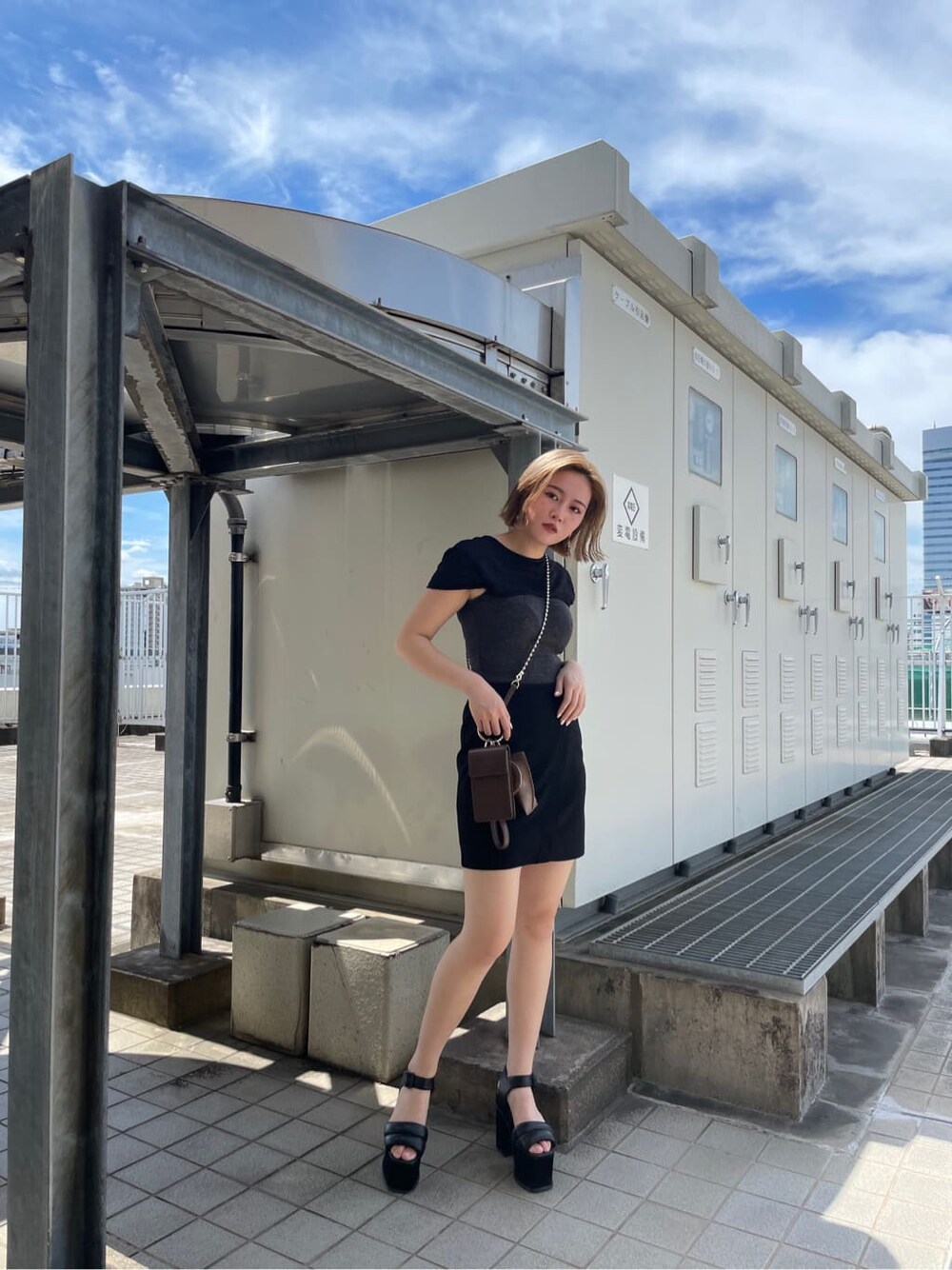 ブラウン系のハンドバッグ、ブラック系のサンダル、ブラック系のスカートを着用したレディースの夏コーディネートの1枚目の写真