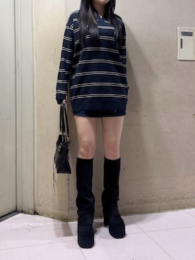 「EMODA（エモダ）のレースアップベルトショルダーバッグ（ショルダーバッグ、ブラック系）」を使った、久道理沙さん（レディース・160cm）の秋コーディネート