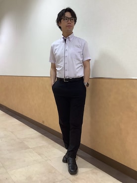 「TOKYO SHIRTS（トウキョウシャツ）の【Layered Cool】【吸水速乾】 形態安定ノンアイロン ボタンダウン 半袖ビジネスワイシャツ（ビジネスシャツ、パープル系）」を使った、BRICK HOUSE by Tokyo Shirts 青森エルム店さん（メンズ・171cm）の夏コーディネート