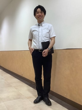 「TOKYO SHIRTS（トウキョウシャツ）の【超形態安定】【吸水速乾】 形態安定ノンアイロン ボタンダウン 半袖ビジネスワイシャツ（ビジネスシャツ、ブルー系）」を使った、BRICK HOUSE by Tokyo Shirts 青森エルム店さん（メンズ・171cm）の夏コーディネート