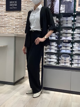 「黒パンツ」｜「アイテム（ノーカラーコート）」を使った、BRICK HOUSE by Tokyo Shirts 青森エルム店さん（レディース・171cm）の夏コーディネート