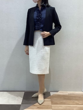「ネイビー」｜「アイテム（ノーカラージャケット）」を使った、BRICK HOUSE by Tokyo Shirts 青森エルム店さん（レディース・171cm）の秋コーディネート