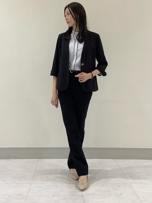 麻混ジャケット 七分袖 ブラック レディース（テーラード