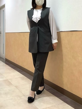 「TOKYO SHIRTS（トウキョウシャツ）のマットジョーゼット 配色 フレアブラウス 長袖 レディースデザインシャツ（シャツ/ブラウス、ピンク系）」を使った、BRICK HOUSE by Tokyo Shirts 青森エルム店さん（レディース・171cm）の秋コーディネート